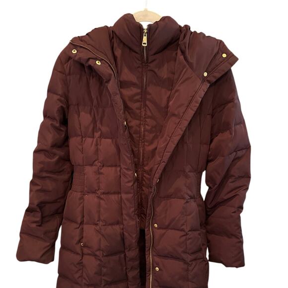 Cole Haan Signature Hooded Down Puffer Coat Small Merlot Baffle-Box Quilted - Picture 3 of 16